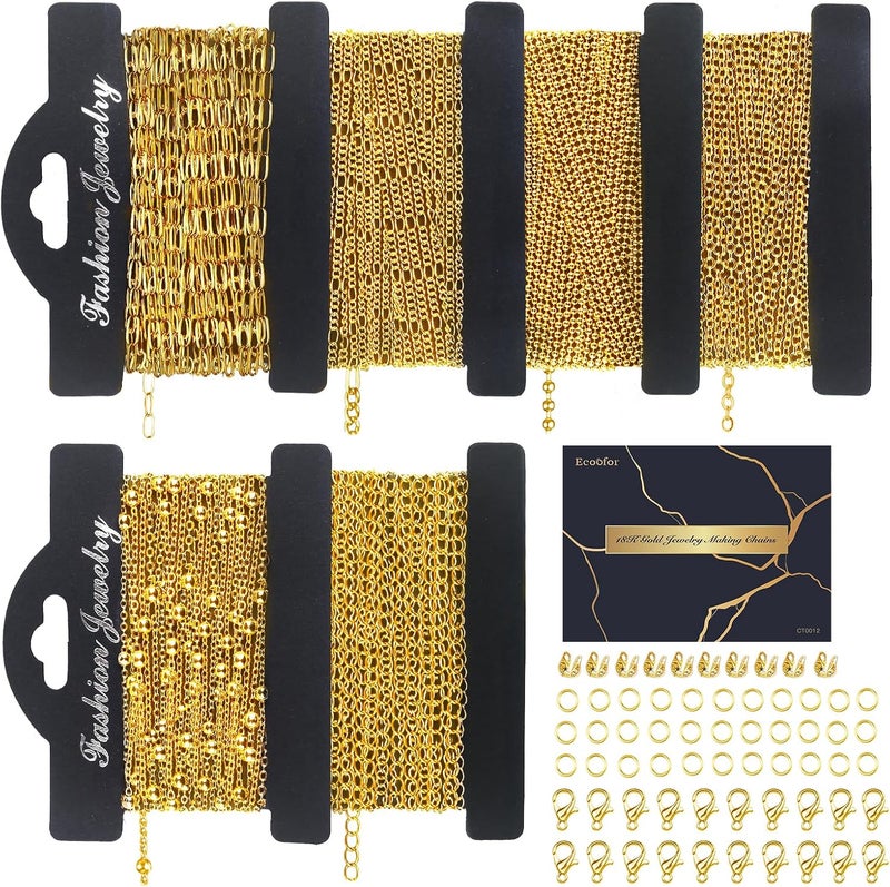 Ecoofor 18k Gold Necklace Chains for Jewelry Making, 39.3 Feet 6 Rolls Bracelet Chains for DIY,6.5Feet Each Style, Gold Chain with Jump Rings/Lobster Clasps/Connectors - Image 1